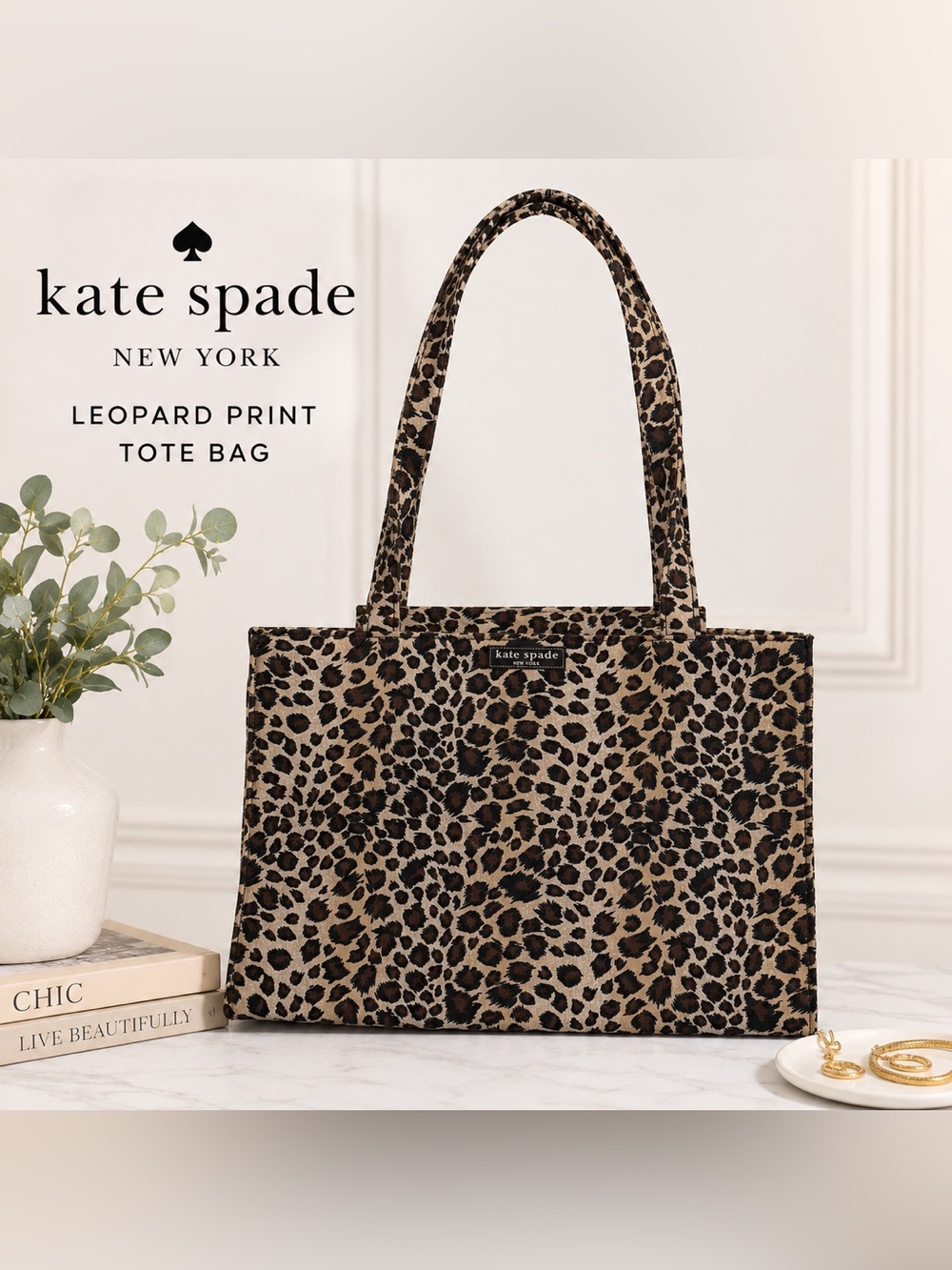 Kate Spade New York Leopard Print Tote Bag Canvas Shoulder Bag Animal Print